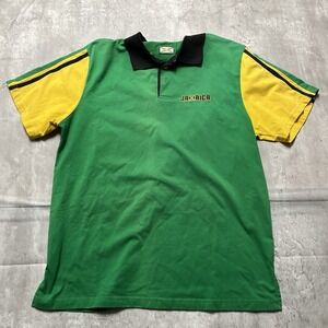 Yehmon Polo Jamaica Yellow Green Embroidered Flag Shirt Men's L 100% Cotton